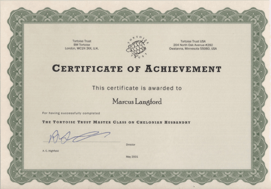 Certificate of Achievement: Foundation Course in Chelonian Husbandry